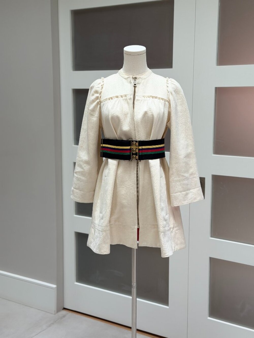 Sonia Rykiel Ivory Zip-Front Ruffle Dress/Coat with Signature Striped Belt